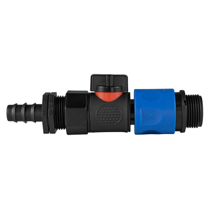 Black manual valve kit with 16mm irrigation-pipe barb and blue female snap-on coupling with ¾″ BSP male thread.