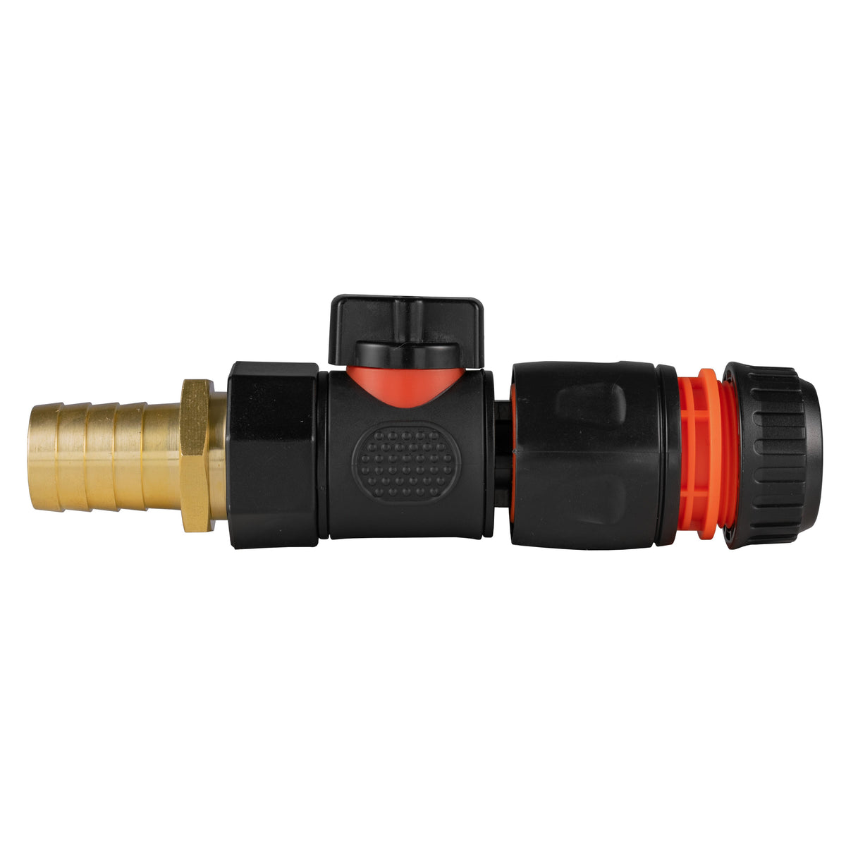 Black manual valve kit with 19mm brass hose barb and black/orange female snap-on connector for ½″ garden hose.
