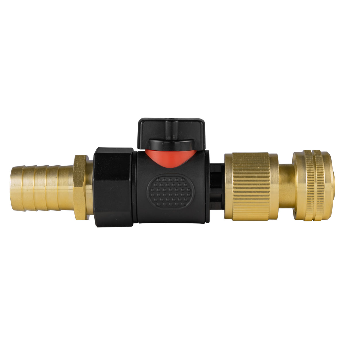 Black manual valve kit with 19mm brass hose barb and brass female snap-on connector for ½″ garden hose.