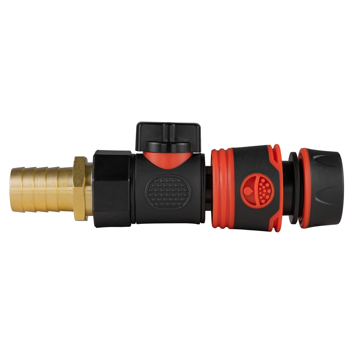 Black manual valve kit with 19mm brass hose barb and black/orange soft-touch female snap-on connector for ½″ or ⅝″ garden hose.