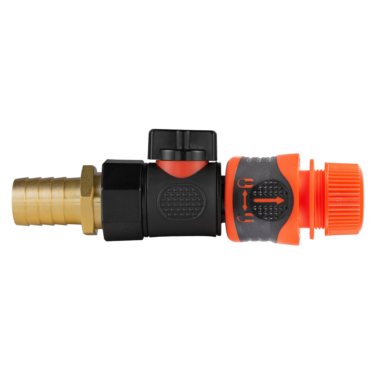 Black manual valve kit with 19mm brass hose barb and Cost Wise orange locking female snap-on connector for ½″ garden hose.