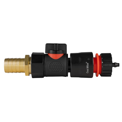 Black manual valve kit with 19mm brass hose barb and female snap-on connector with 4mm micro-irrigation barb.