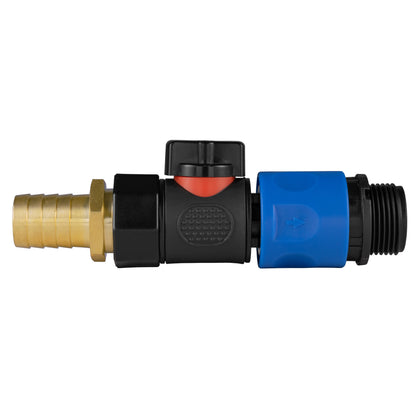 Black manual valve kit with 19mm brass hose barb and blue female snap-on coupling with ¾″ BSP male thread.