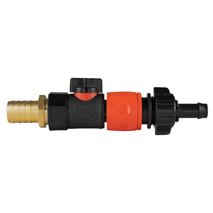 Black manual valve kit with 19mm brass hose barb and female snap-on connector with 13mm hose barb.