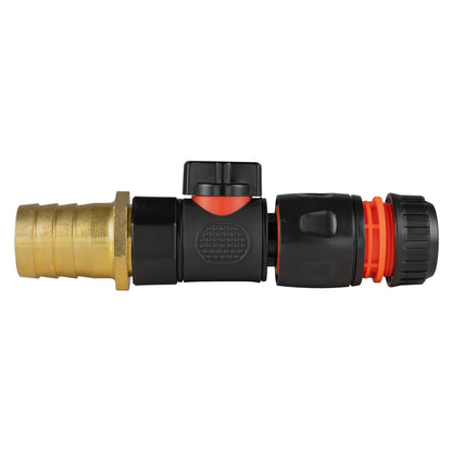 Black manual valve kit with 25mm brass hose barb and black/orange female snap-on connector for ½″ or ⅝″ garden hose.