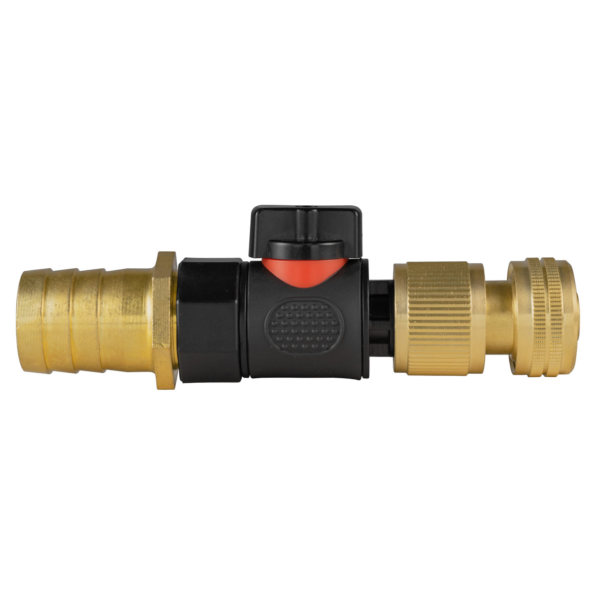 Black manual valve kit with 25mm brass hose barb and brass female snap-on connector for ½″ garden hose.