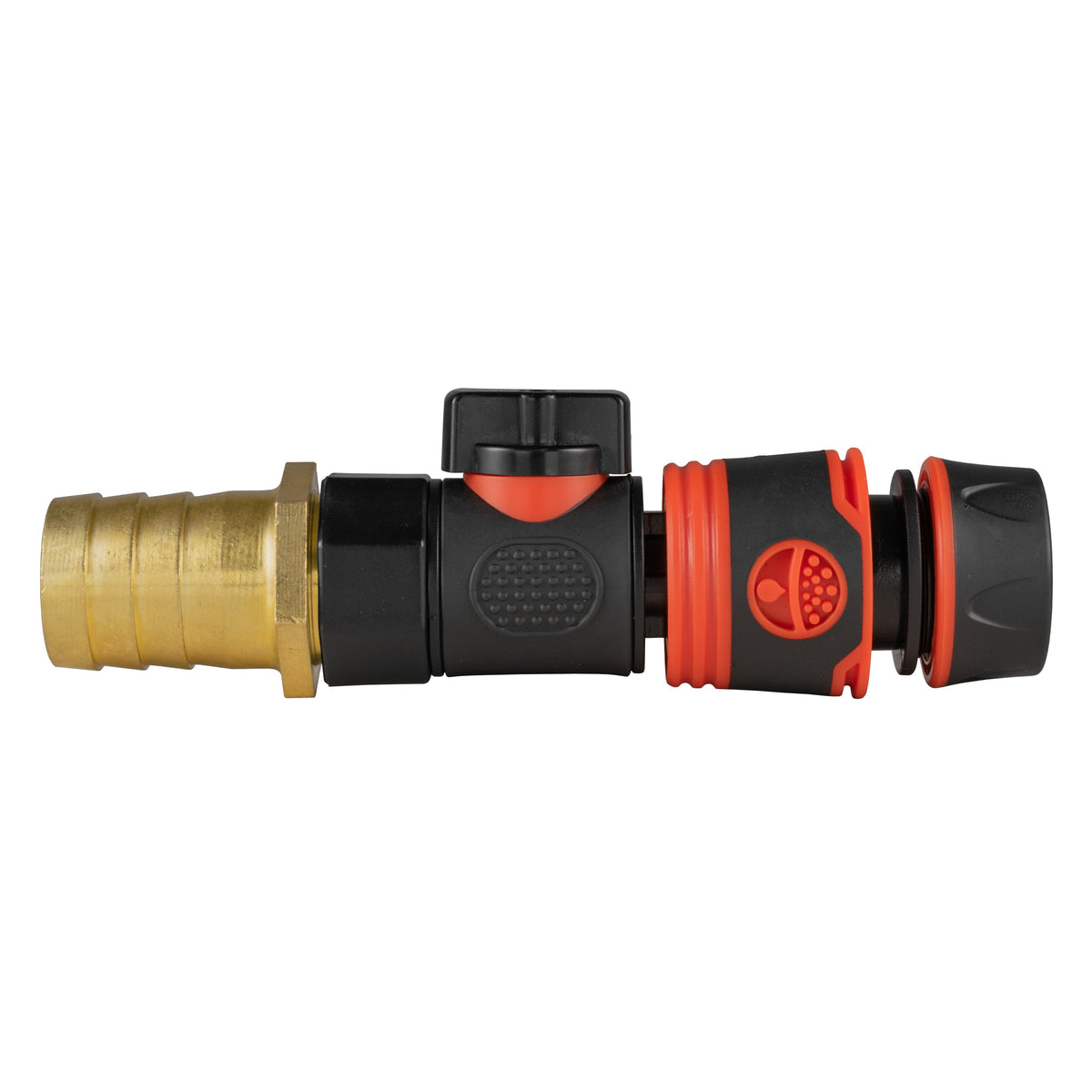 Black manual valve kit with 25mm brass hose barb and black/orange soft-touch female snap-on connector for ½″ or ⅝″ garden hose.