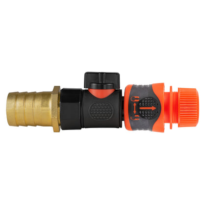Black manual valve kit with 25mm brass hose barb and Cost Wise orange locking female snap-on connector for ½″ garden hose.