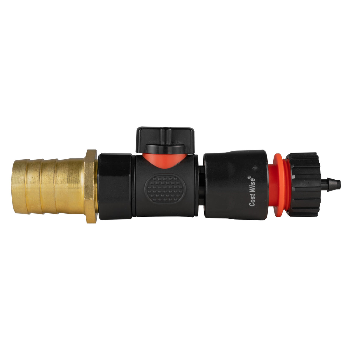 Black manual valve kit with 25mm brass hose barb and female snap-on connector with 4mm micro-irrigation barb.