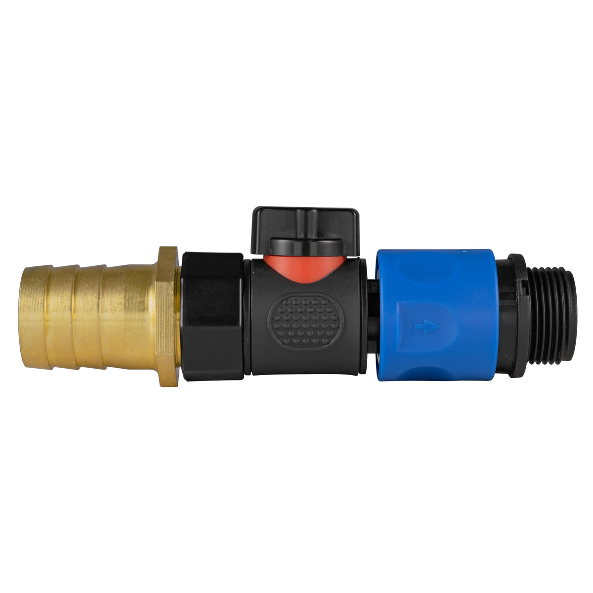 Black manual valve kit with 25mm brass hose barb and blue female snap-on coupling with ¾″ BSP male thread.