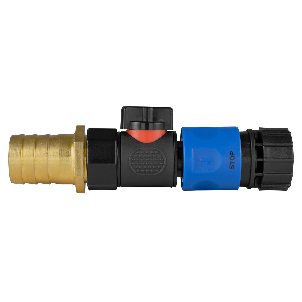 Black manual valve kit with 25mm brass hose barb and blue female snap-on coupling with ¾″ BSP female thread.