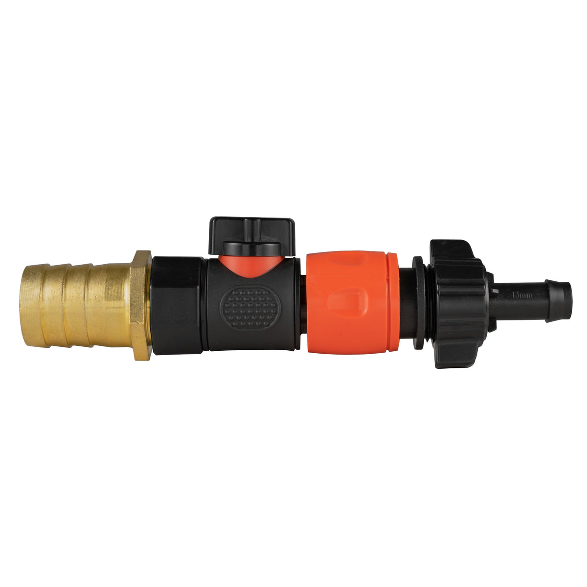 Black manual valve kit with 25mm brass hose barb and female snap-on connector with 13mm hose barb.