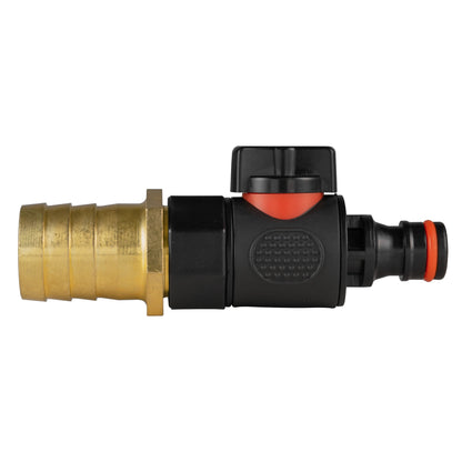 Black manual valve kit with 25mm brass hose barb and male snap-on plug.