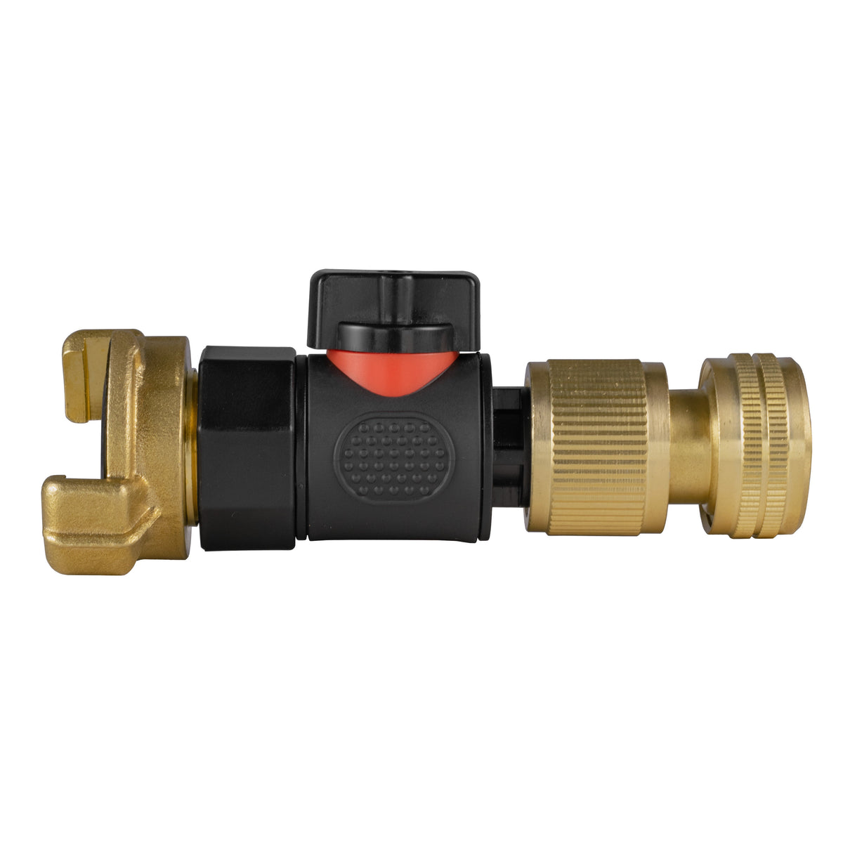 Black manual valve kit with Geka-type brass claw connection and brass female snap-on connector for ½″ garden hose.