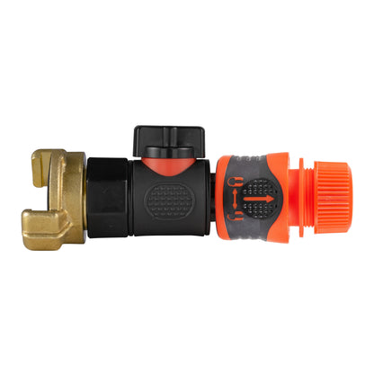 Black manual valve kit with Geka-type brass claw connection and Cost Wise orange locking female snap-on connector for ½″ garden hose.