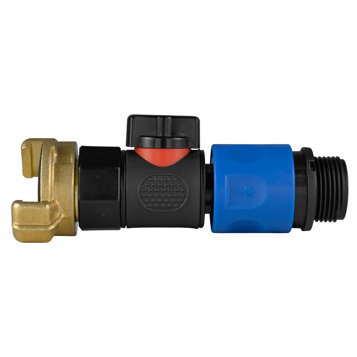 Black manual valve kit with Geka-type brass claw connection and blue female snap-on coupling with ¾″ BSP male thread.