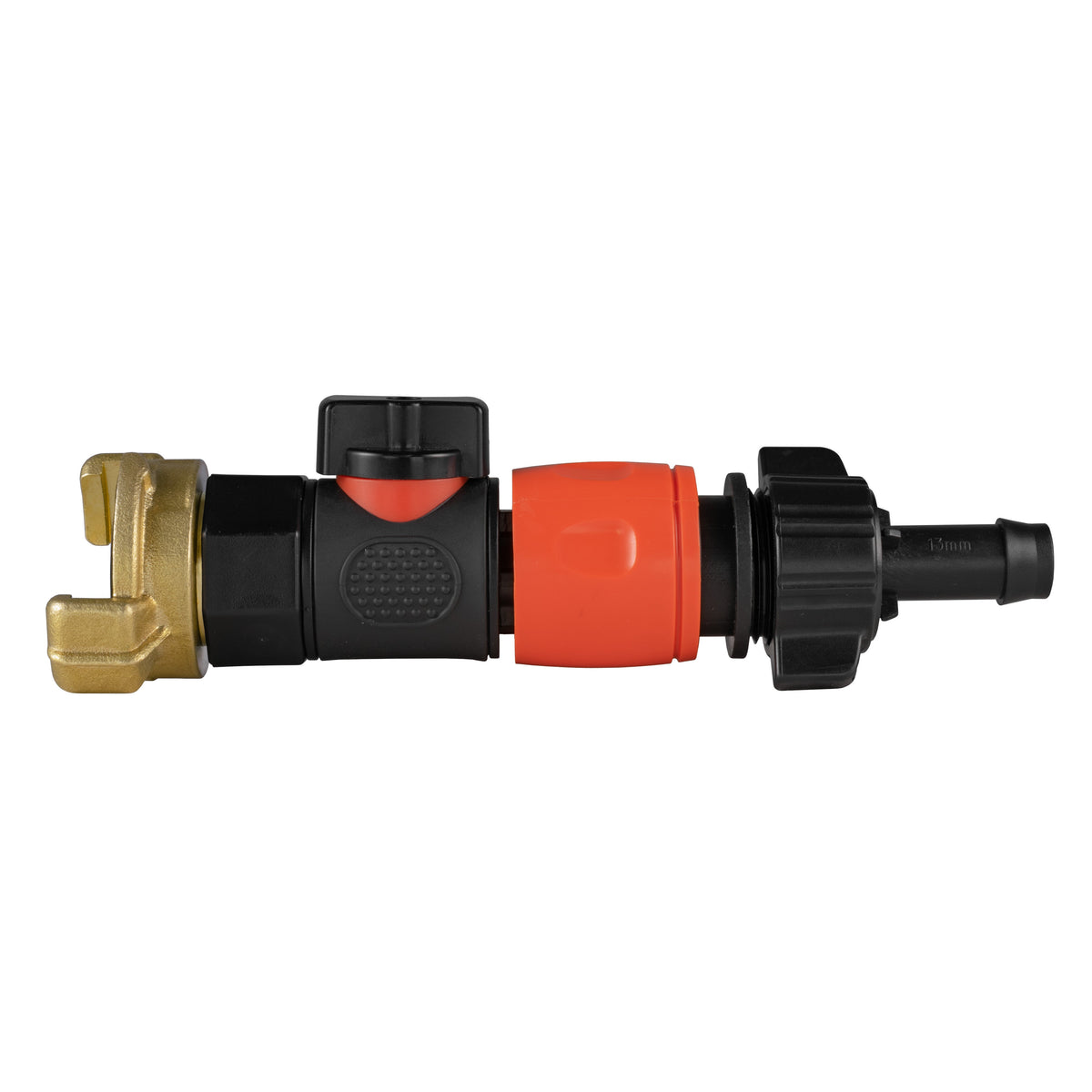 Black manual valve kit with Geka-type brass claw connection and female snap-on connector with 13mm hose barb.