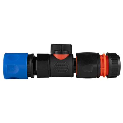 Black manual valve kit with female snap-on socket and black/orange female snap-on connector for ½″ or ⅝″ garden hose.