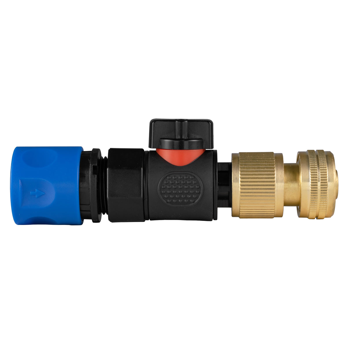 Black manual valve kit with female snap-on socket and brass female snap-on connector for ½″ garden hose.