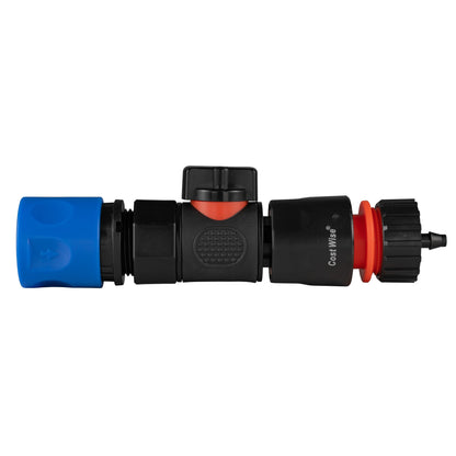 Black manual valve kit with female snap-on socket and female snap-on connector with 4mm micro-irrigation barb.