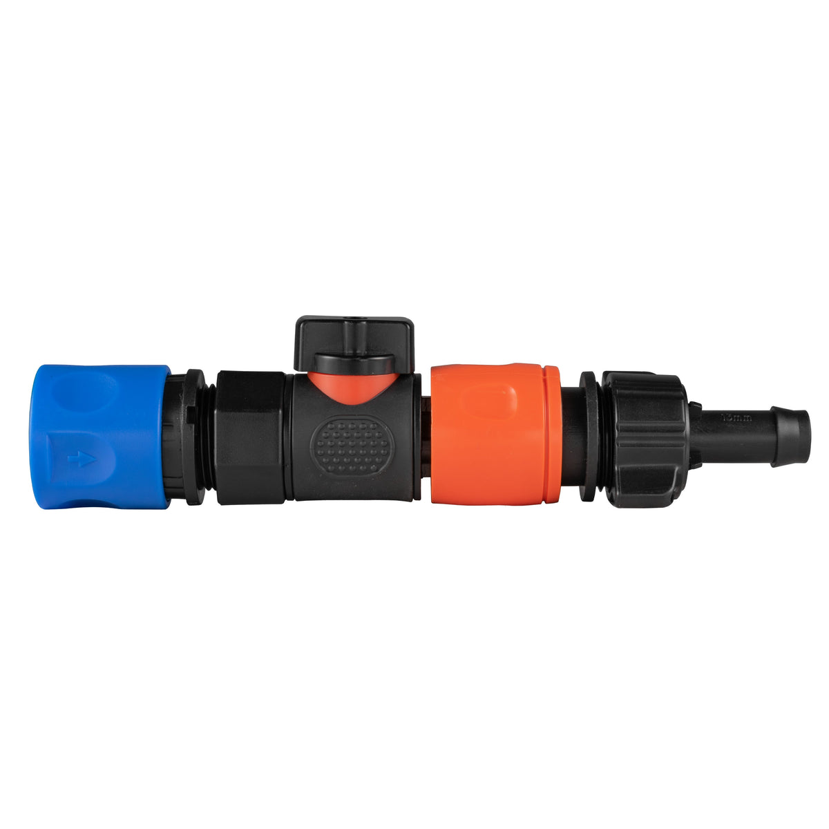 Black manual valve kit with female snap-on socket and female snap-on connector with 13mm hose barb.