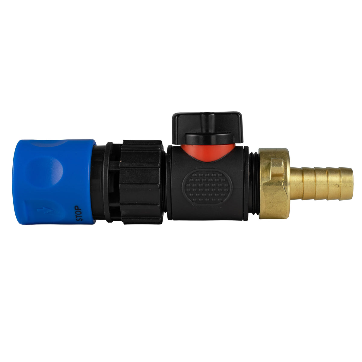 Blue female snap-on coupling with black inline valve and 13mm brass barb.