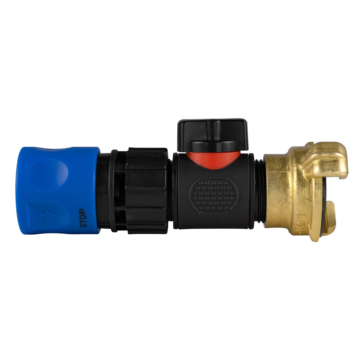 Blue female snap-on coupling with black inline valve and claw coupling.