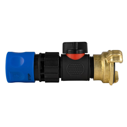 Blue female snap-on coupling with black inline valve and claw coupling.