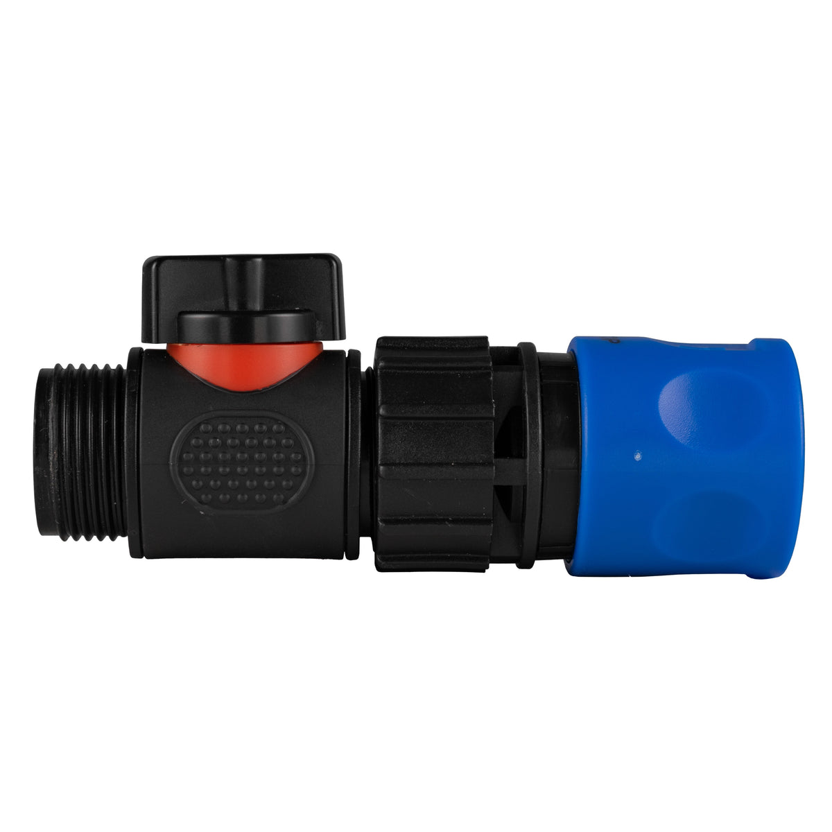 Black inline valve kit with female snap-on socket to an exposed ¾″ BSP male thread.
