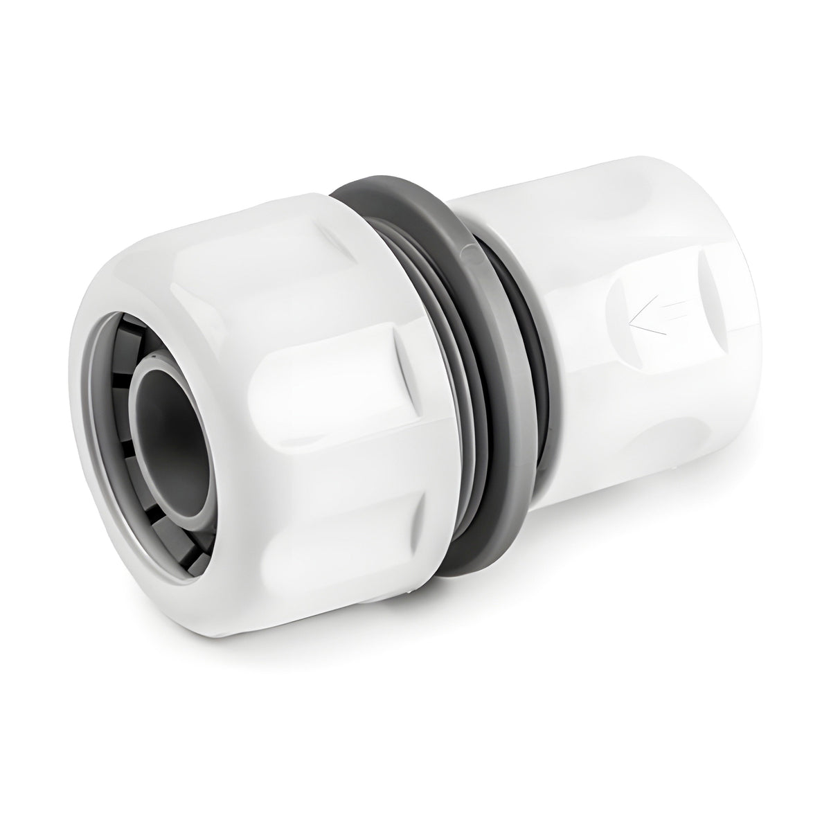 White Line Quick Hose Connector for ¾″ Hose – Grey/White; product design shown.