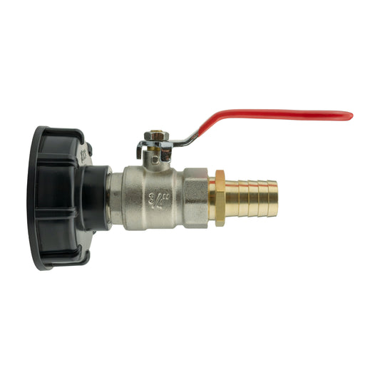 Black S60X6 IBC cap with red lever valve and 19mm brass barbed hose outlet.