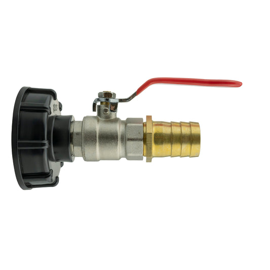 Black S60X6 IBC cap with red lever valve and 25mm brass barbed hose outlet.