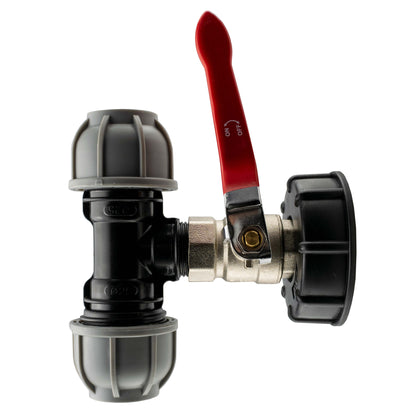 S60X6 IBC cap, lever valve and 20mm MDPE tee assembled together.