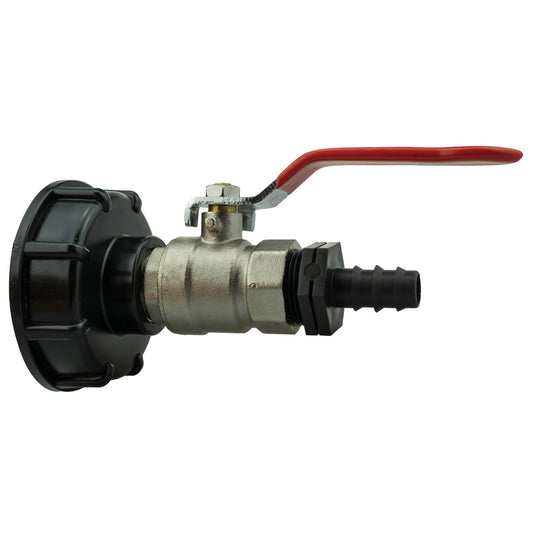 IBC S60X6 Cap & Brass Lever Valve – 16mm Irrigation Barb; supplied product shown.