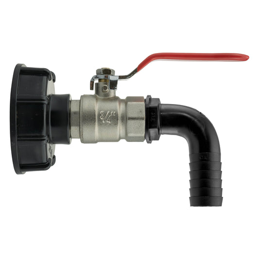 IBC S60X6 Cap & Brass Lever Valve – 20mm Barb Elbow; supplied product shown.