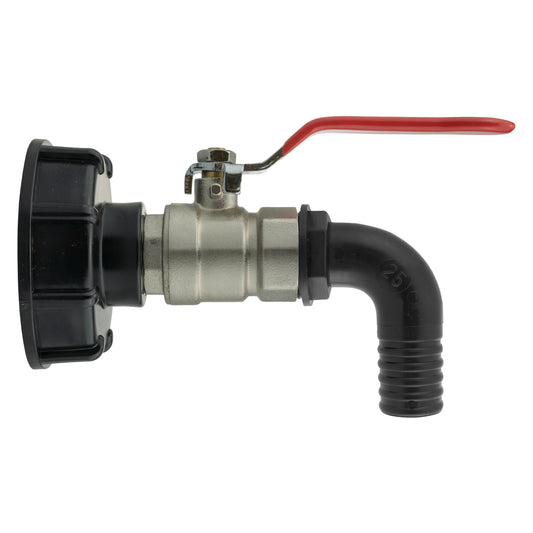 IBC S60X6 Cap & Brass Lever Valve – 25mm Barb Elbow; supplied product shown.