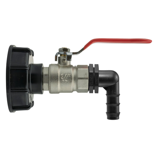 IBC S60X6 Cap & Brass Lever Valve – 16mm Barb Elbow; supplied product shown.