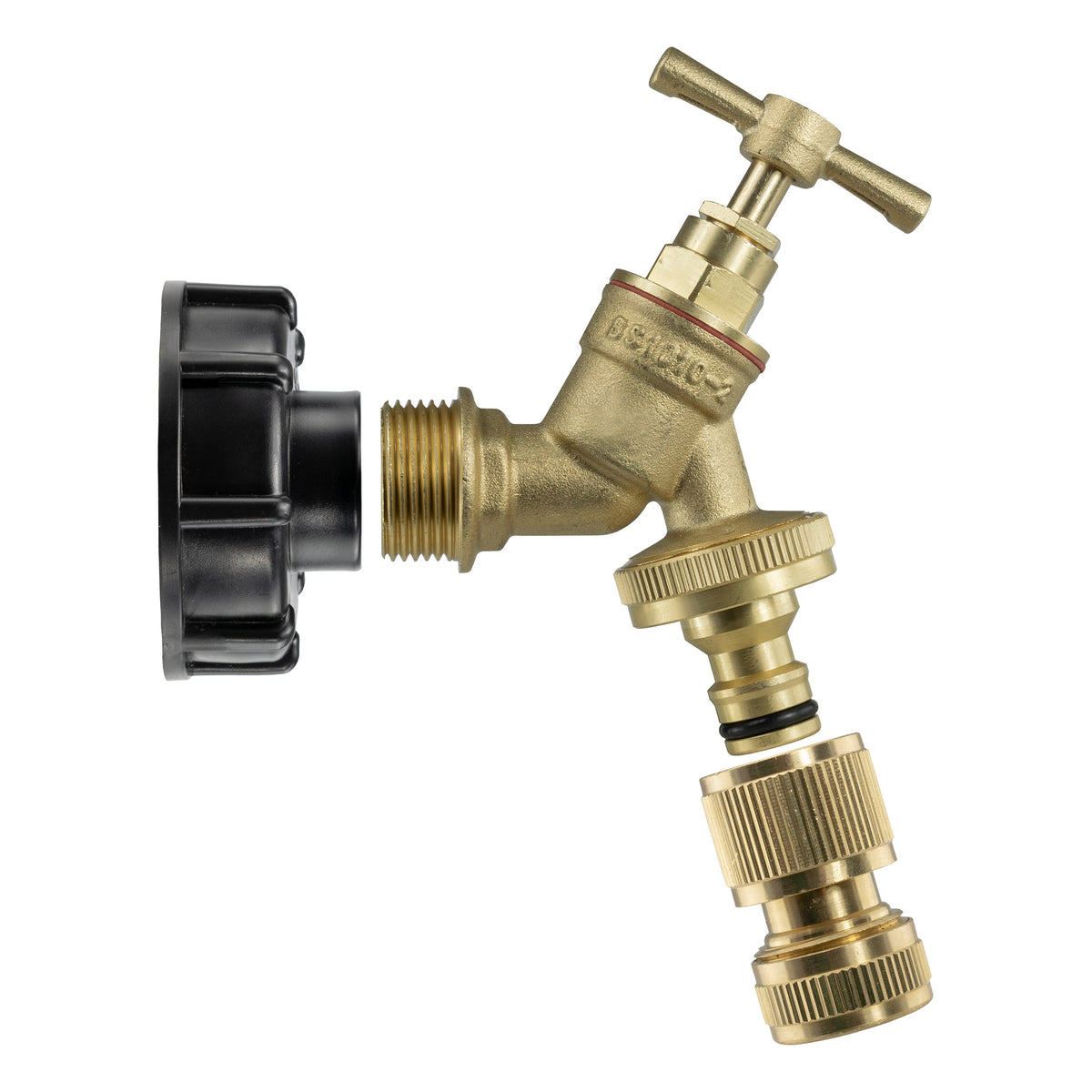 IBC S60X6 Cap & Brass Quick Tap with Brass Hose End; supplied fittings shown.