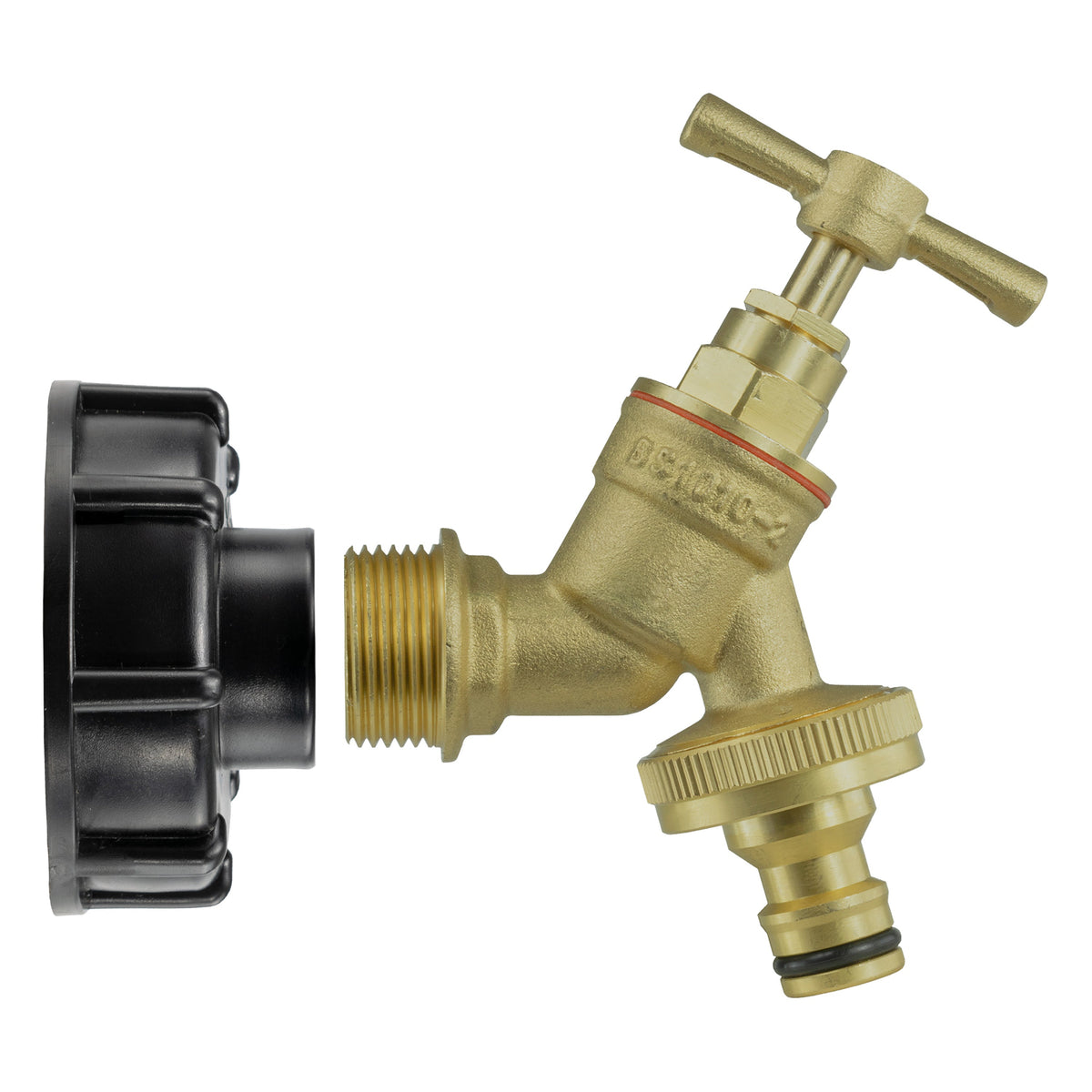 IBC S60X6 Cap & Brass Quick Tap – ¾″ BSP Inlet; supplied fittings shown.