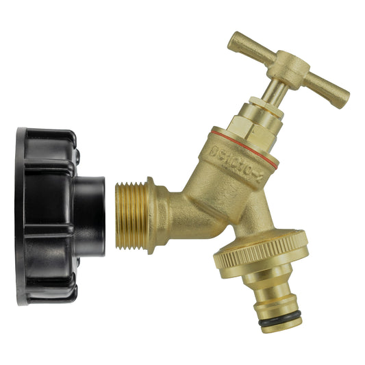 IBC S60X6 Cap & Brass Quick Tap – ¾″ BSP Inlet; supplied fittings shown.