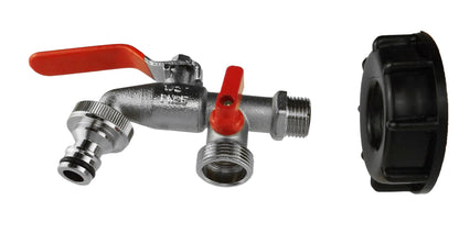 S60X6 IBC cap and metal double garden tap with red and blue controls.
