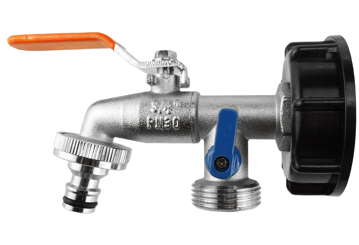IBC S60X6 Cap with Double Garden Tap – ¾″ BSP Inlet; supplied fittings shown.