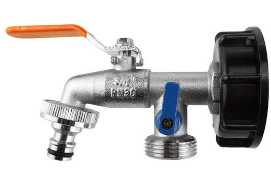 IBC S60X6 Cap with Double Garden Tap – ¾″ BSP Inlet; supplied fittings shown.