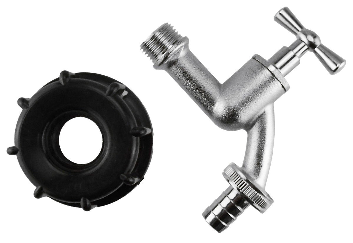 IBC S60X6 Cap & ¾″ Nickel-Plated Bib Tap – Hose Barb