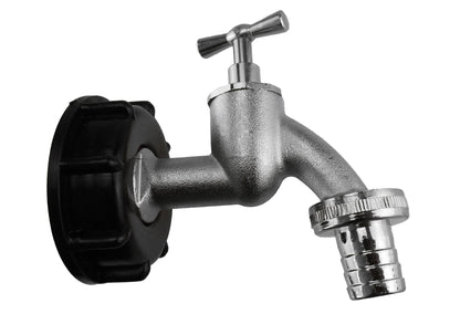 IBC S60X6 Cap & ¾″ Nickel-Plated Bib Tap – Hose Barb; supplied fittings shown.