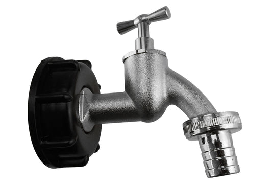 IBC S60X6 Cap & ¾″ Nickel-Plated Bib Tap – Hose Barb; supplied fittings shown.