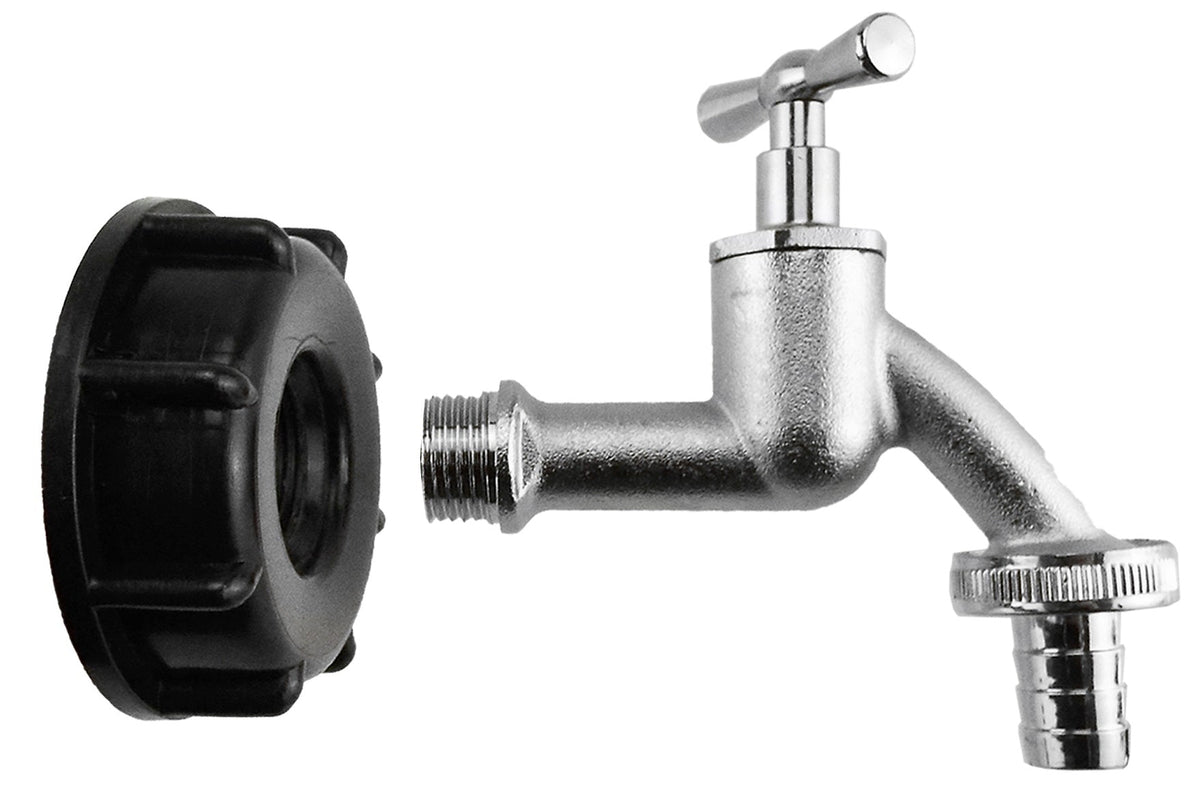 IBC S60X6 Cap & ½″ Nickel-Plated Bib Tap – Hose Barb; supplied fittings shown.