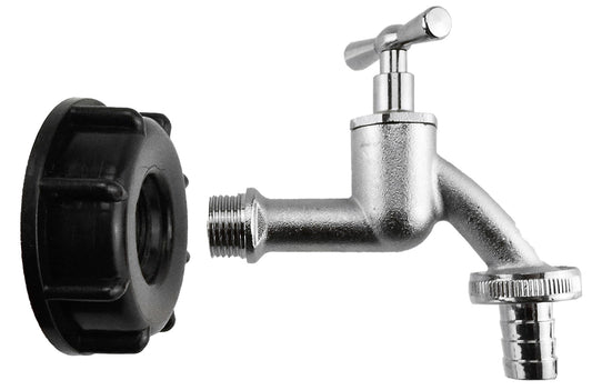 IBC S60X6 Cap & ½″ Nickel-Plated Bib Tap – Hose Barb; supplied fittings shown.
