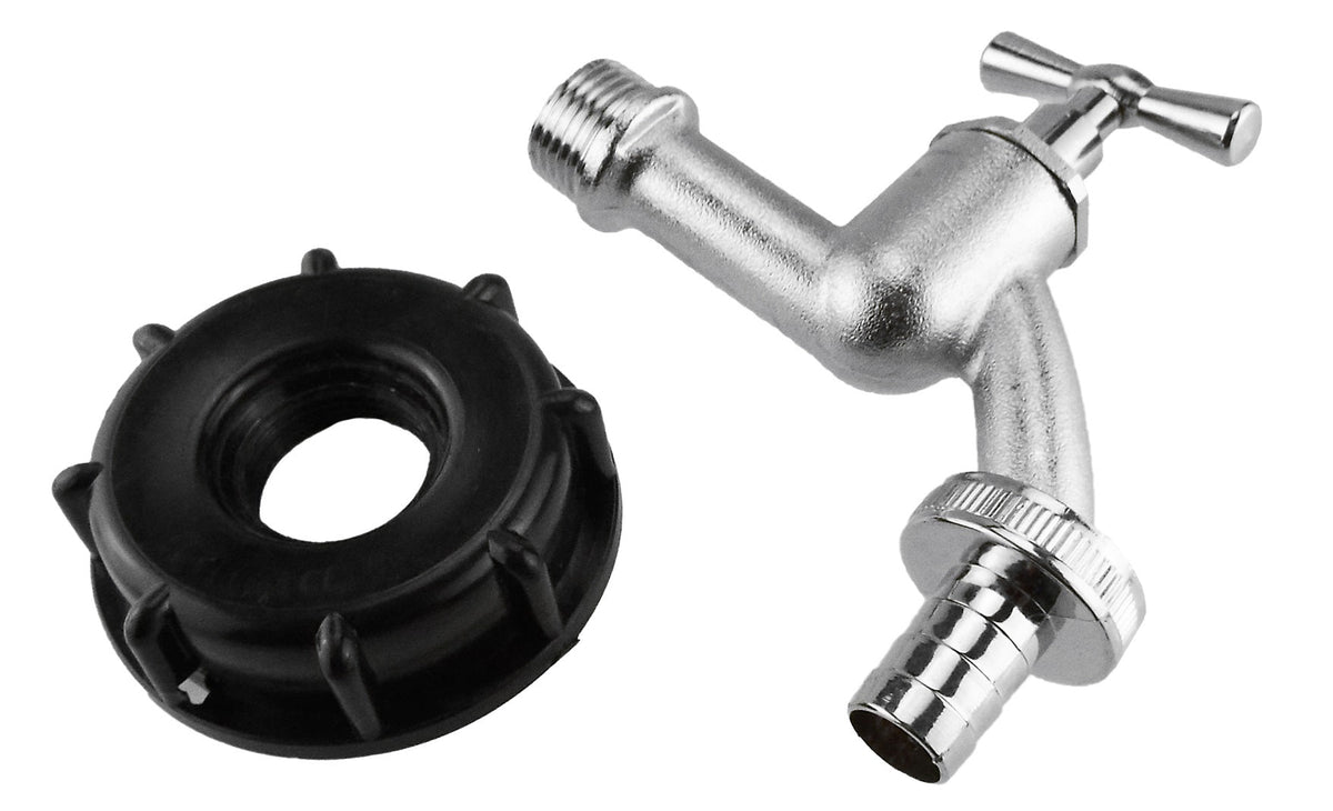 IBC S60X6 Cap & ½″ Nickel-Plated Bib Tap – Hose Barb