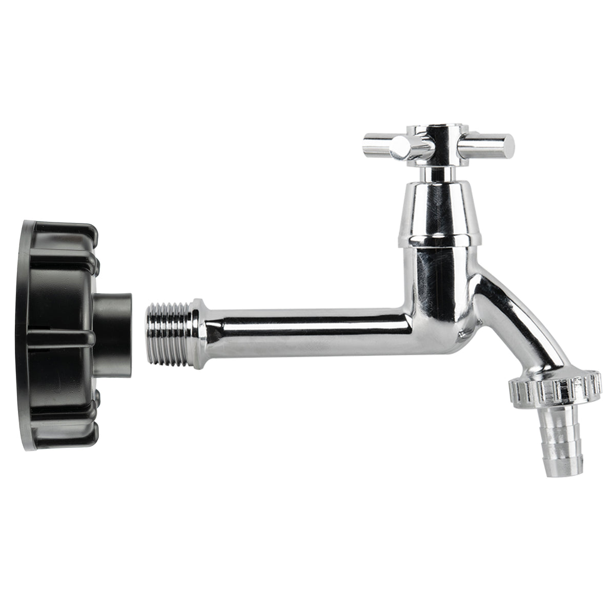 S60X6 IBC Cap kit with extended cross-head tap and half-inch hose-barb outlet.